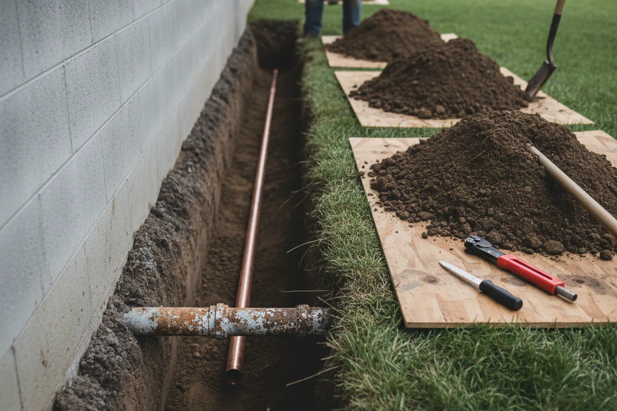 Excavated water line trench during Water Softener Installation in Nevada City